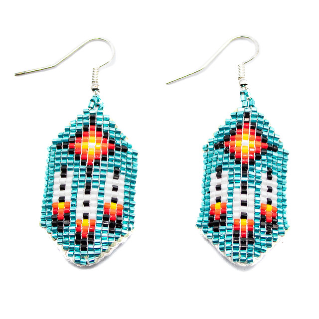 Beaded Turquoise Beaded Feather Earrings on Leather