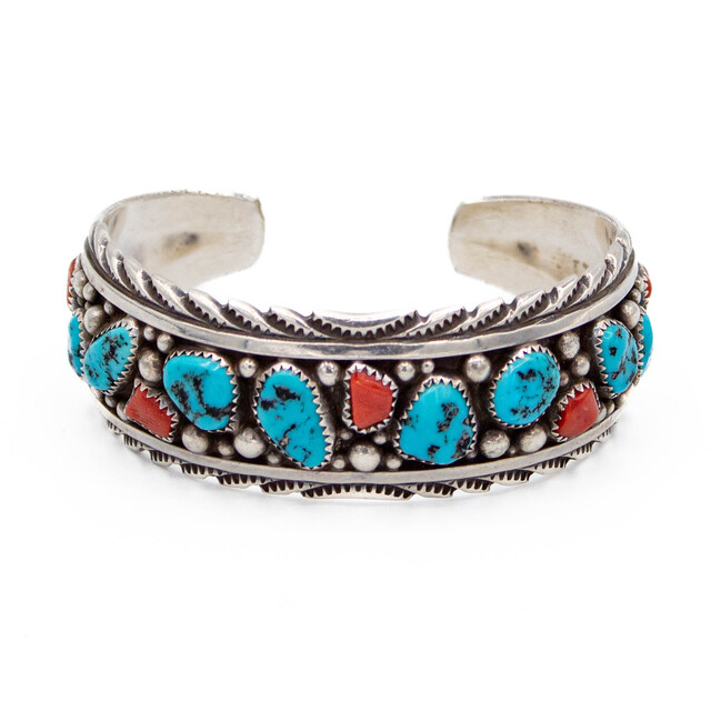 Turquoise & Silver Turquoise & Coral Cuff
